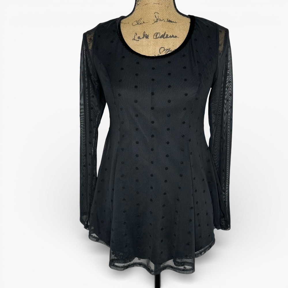 Green Envelope Black Mesh‎ Tunic Top Swiss Dot Sheer Sleeve Goth Date Night Sz S